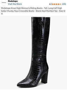 Modatope Black Faux Crocodile Knee-High Heeled Riding Boots